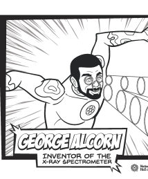 A blank coloring book page of George Alcorn as a superhero