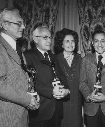 Photograph of Diuril chemist receiving Lasker award - Left to right: John Baer, James Sprague, Mary Lasker, Frank Novello, and Karl Beyer. 1975.