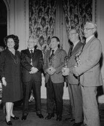 Outtake from the November, 1975 issue of the Rahway Reporter. Pictured left to right are Mary Lasker, James M. Sprague, Frederick C. Novello, Karl H. Beyer, Jr., and John E. Baer.