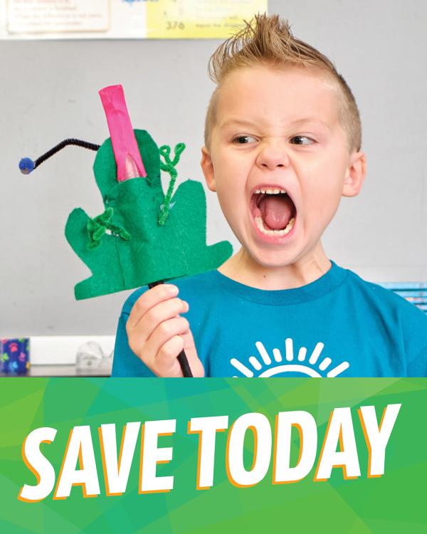 A Camp Invention 2025 camper holds up a frog craft they made at camp above a green banner with the text “save today”