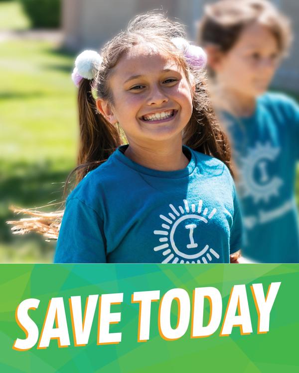 An elementary student wearing a blue Camp Invention shirt outside smiles above a green banner with the text “save today”